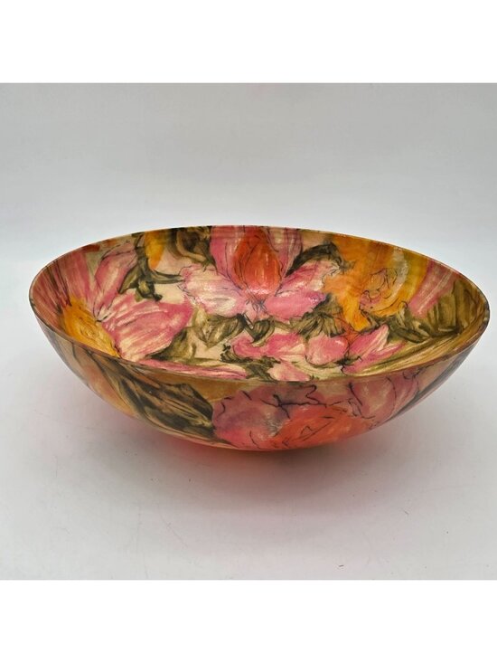 None Other - MCM Fiberglass Bowl 11" Diameter Floral Pink Orange Design Vibrant Groovy